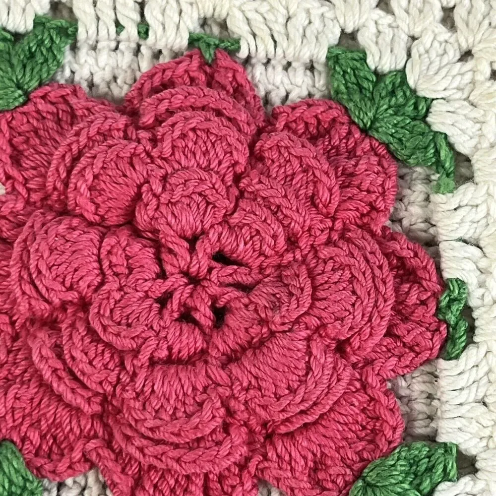 Vintage Lot of 3 Crochet Granny Squares Blanket Afgan Squares Pink & Red Flowers